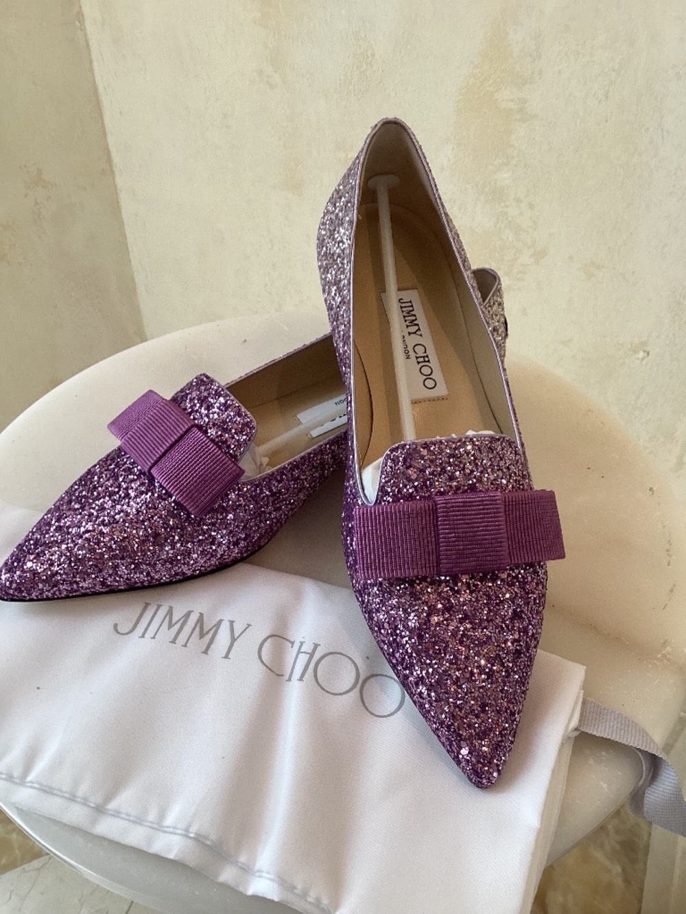 JIMMY CHOO PINK VIOLET SHOE - CHAMPAGNE PINK VIOLET GLITTER FLAT - SIZE 7 / EU